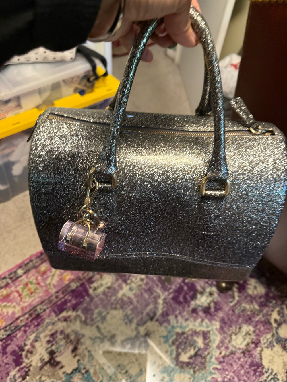 Furla Candy Glitter Satchel – Black & Silver Sparkle